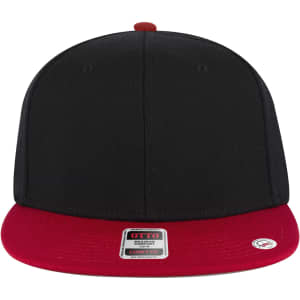 A black and red snapback cap with a mid-profile style and a logo on the front.