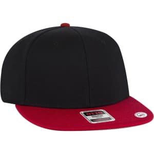 A black and red mid-profile snapback hat featuring a logo on the front.