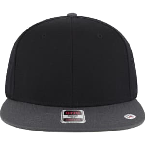 A black snapback cap with a grey brim and a logo on the front. Mid-profile with six panels.