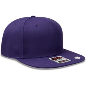 A purple six-panel mid profile snapback cap with a logo. Features a flat brim and structured fitting.