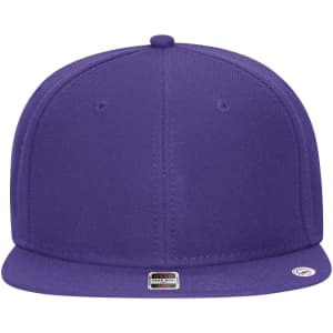 A purple 6 panel mid-profile snapback cap with a flat brim and a logo on the side.