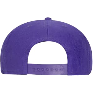 A purple 6 panel mid profile snapback cap with an adjustable strap at the back and a logo.