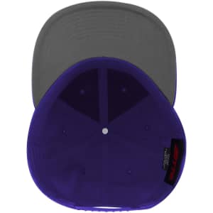 A purple and grey 6 panel mid-profile snapback cap featuring a branded logo on the interior.