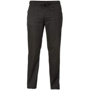 A pair of black, casual pants with an elastic waistband and side pockets, featuring a logo.