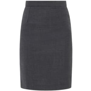 A dark grey skirt with a tailored fit and a smooth texture. It has a subtle pocket detail and a waistband.
