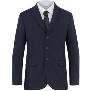 A navy jacket featuring a notched lapel, three buttons, and two front pockets. It has a white shirt and tie underneath.