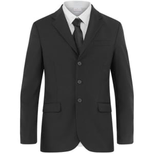 A black suit jacket with a fitted design, featuring two front pockets and a single chest pocket. It has a branded tag.