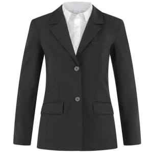 A black ladies' jacket with a fitted design, two front pockets, a single chest pocket, and a collar.