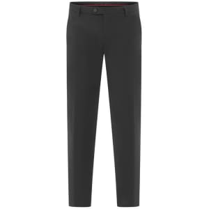 Charcoal grey pants with a straight leg design and button closure, featuring a subtle branding logo.
