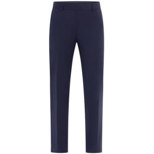 Navy blue tailored pants with a straight-leg design and a subtle logo on the waistband.