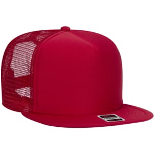 A red trucker cap with a solid front and a mesh back, featuring a logo on the label.