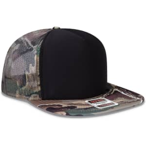 A five-panel high crown trucker cap featuring a black front and camouflaged mesh back. It includes a logo.