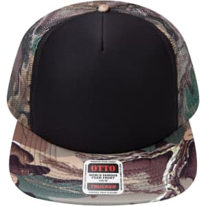 A high crown trucker cap featuring a camouflage pattern with a black foam front and a branded label.