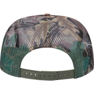 A high crown trucker cap in camouflage design, featuring a mesh back and a solid green strap.