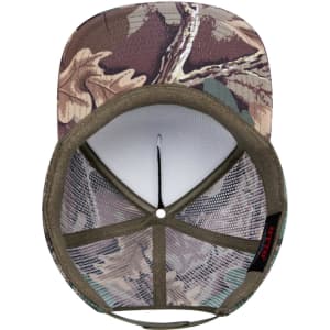An olive green and camo 5 panel high crown trucker cap with a mesh interior and a logo.