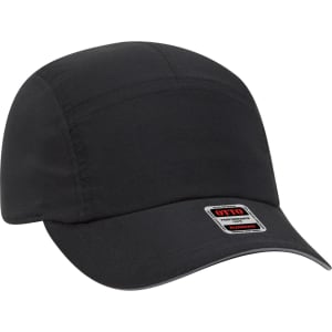 A black 5-panel running hat featuring a curved brim and an attached logo on the side.
