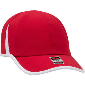 A red cap with white accents featuring a logo, designed for running and outdoor activities.