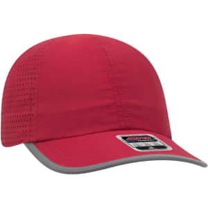 A red reflective six-panel running hat with a grey brim and ventilation holes. It features a logo on the side.