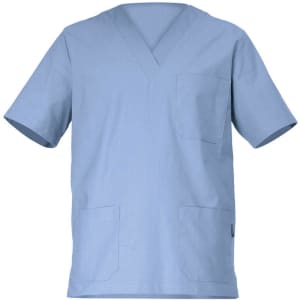 A short-sleeved blue tunic with a V-neck and two front pockets. It features a logo on the side.