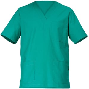 A turquoise tunic with a V-neck design, featuring three pockets and short sleeves. It has a logo on the side.