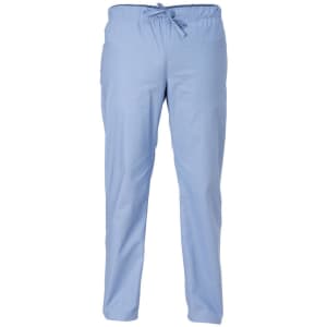 Light blue pants with an elastic waistband and drawstring. They feature a side pocket and have a simple design.