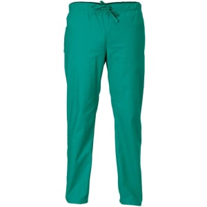 Turquoise pants with an elastic waistband and drawstring. Features a side pocket and a simple design.