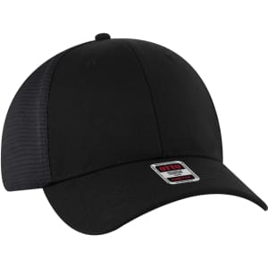 A black stretchable trucker hat with a low profile and double mesh back, featuring a logo.
