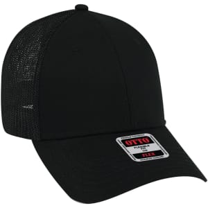 A black Otto Flex 6 Panel Trucker Hat with a mesh back and a branded tag on the front.