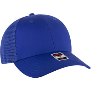 A blue Flex Fit 6 Panel Low Profile Trucker Cap with a mesh back and a branded tag.