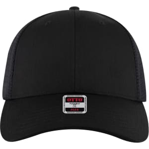 A black low profile trucker cap featuring a flexible design and a logo on the front panel.