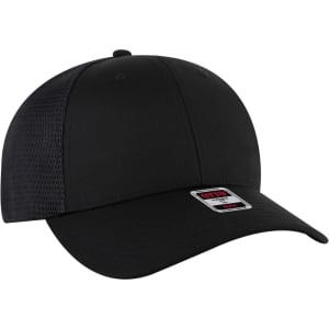 A black Flex Fit 6 Panel Low Profile Trucker Cap with mesh back and a logo on the front panel.