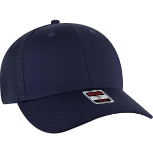 A navy Flex Fit 6 Panel Low Profile Trucker Cap featuring mesh panels and a logo on the front.