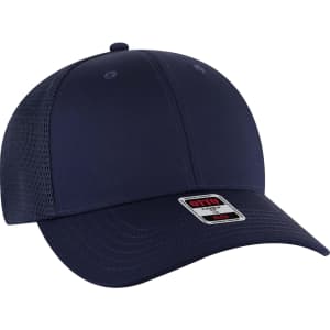 A navy blue low profile trucker cap with a mesh back and a branded logo.