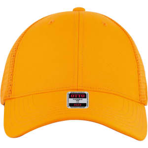An orange low profile trucker cap with a flex fit and a logo on the front.