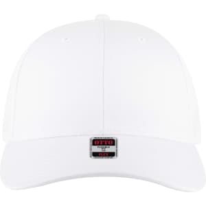 A white low profile trucker cap with a six-panel design and a branding label on the front.