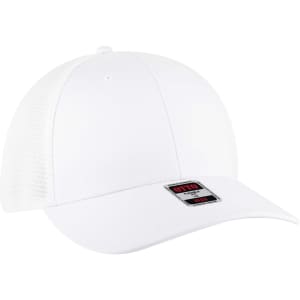 A white Flex Fit 6 Panel Low Profile Trucker Cap with a mesh back and a branding label on the front.