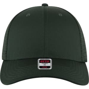 A dark green Flex Fit 6 Panel Low Profile Trucker Cap with a branded tag on the front.