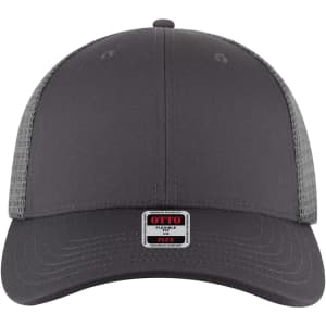 A grey trucker cap with a low profile design and a mesh back, featuring a logo on the front.