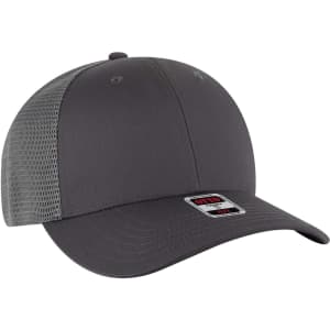 A grey trucker cap featuring a low profile design and mesh back, with a logo on the front.