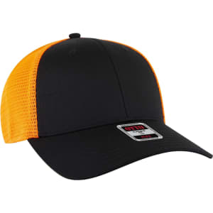 A black and orange Flex Fit 6 Panel Low Profile Trucker Cap with a mesh back and a branded tag.