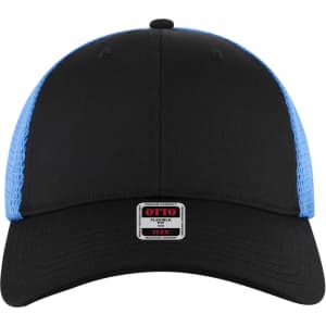 A black trucker cap with a blue mesh back and a logo on the front panel.
