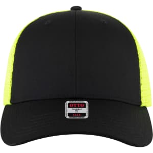 A black trucker cap with a low profile and neon yellow mesh sides, featuring a logo on the front.