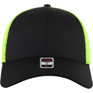A black and neon green trucker cap with a low-profile design and a logo on the front panel.
