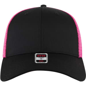 A black trucker cap with pink mesh panels and a logo on the front. It features a low profile design.