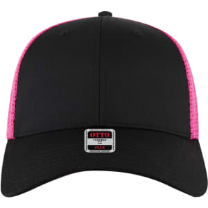 A black trucker cap with pink mesh panels, featuring a branded label on the front.