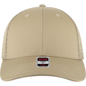A beige Flex Fit 6 Panel Low Profile Trucker Cap with mesh back and a branding label on the front.