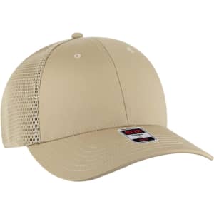 A beige Flex Fit 6 Panel Low Profile Trucker Cap with mesh sides and a branded label.