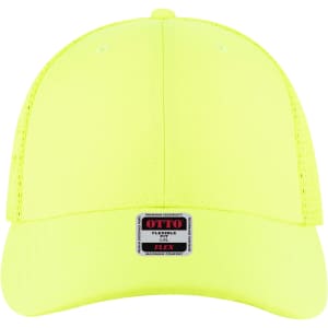 A bright yellow Flex Fit 6 Panel Low Profile Trucker Cap featuring a logo on the front.
