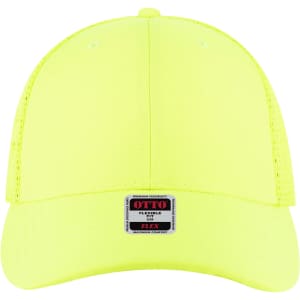 A bright yellow Flex Fit 6 Panel Low Profile Trucker Cap with a logo on the front.
