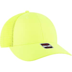 A bright yellow low profile trucker cap with a mesh back and a logo on the front.